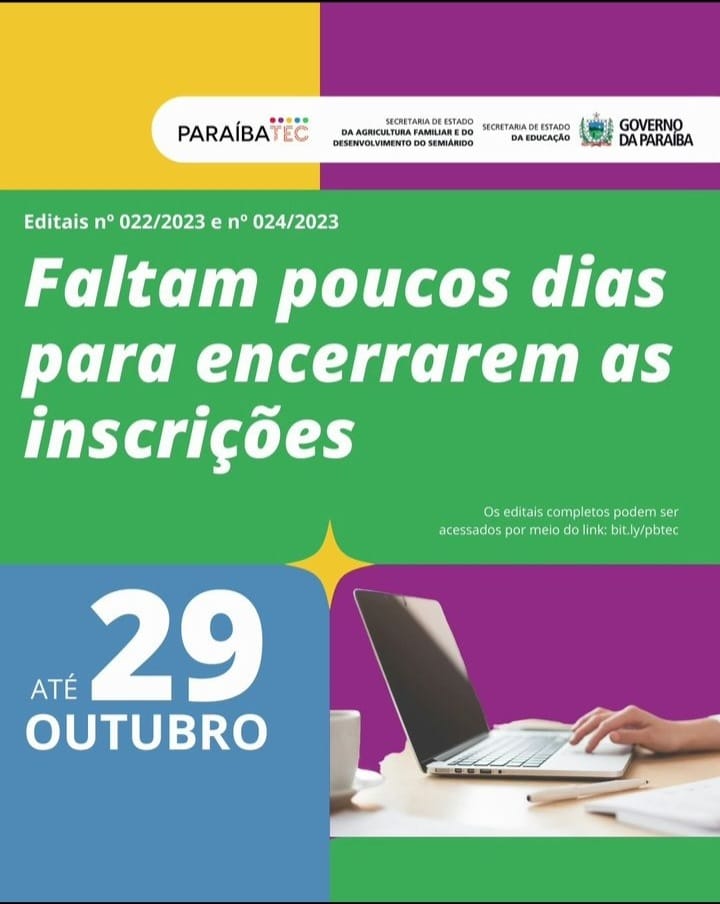 Inscrições para atuar em cursos do ParaíbaTec encerram hoje (29).